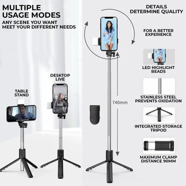 R1s 4-in-1 Bluetooth Selfie Stick Tripod with Remote & LED Fill Light – 360° Rotating Extendable Stand for All Phones
