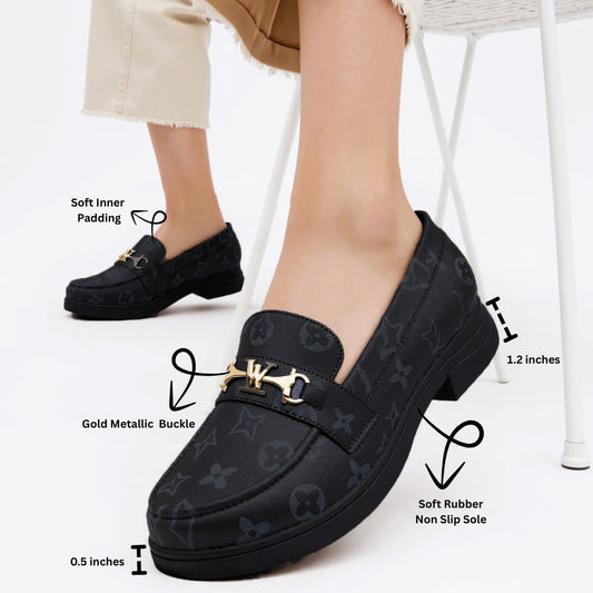 Classic Black Women’s Loafers with Gold Buckle