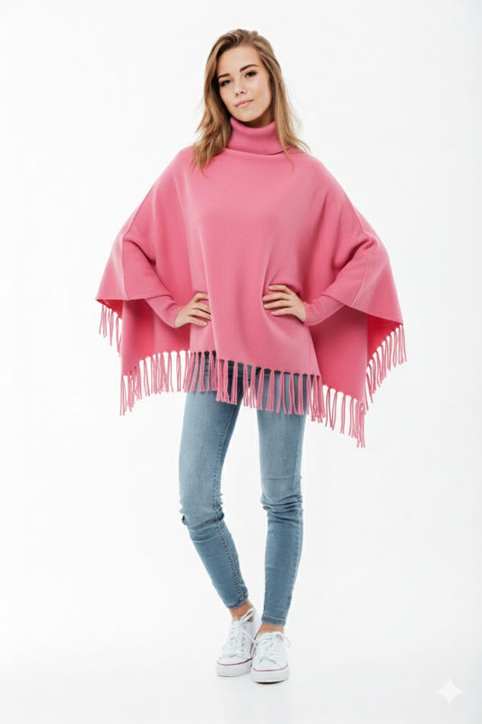 Cozy Winter Fleece Poncho for Girls – High Neck & Tassel Design, Free Size