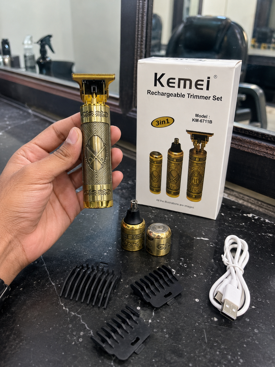 Kemei KM-6711B 3-in-1 Rechargeable Grooming Kit – Hair Trimmer, Beard Shaver & Nose Hair Trimmer