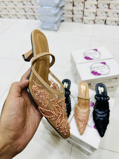 Elegant Fawn Hand-Embroidered Kitten Heels for Women – Elastic Band Strap, 2.2″ Heel