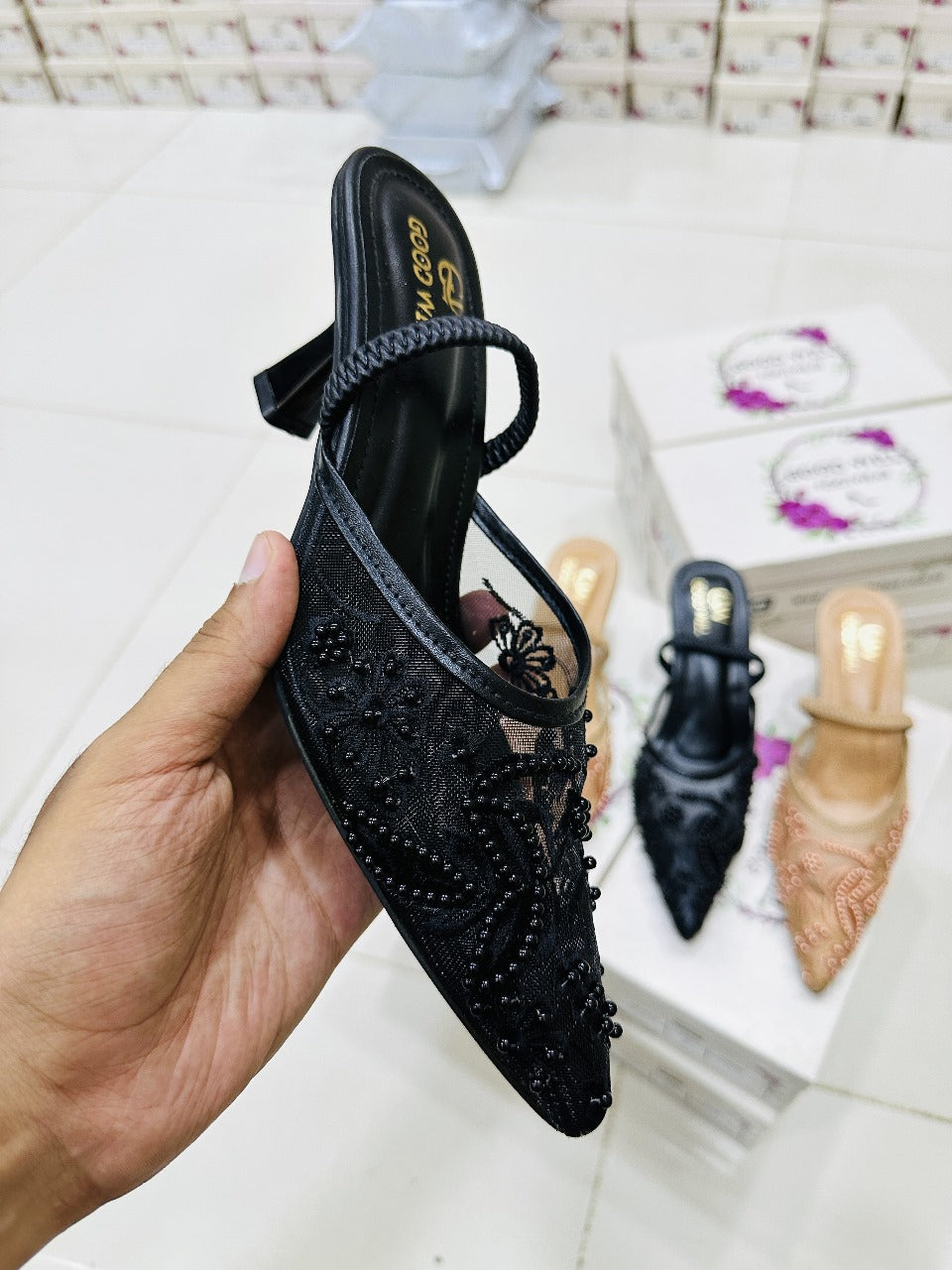 Elegant Black Hand-Embroidered Kitten Heels for Women – Elastic Band Strap, 2.2″ Heel