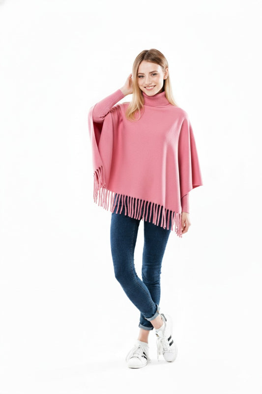 Cozy Winter Fleece Poncho for Girls – High Neck & Tassel Design, Free Size