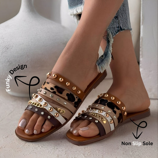 Trendy Brown Women’s Multi-Strap Flat Sandals with Studs & Stones