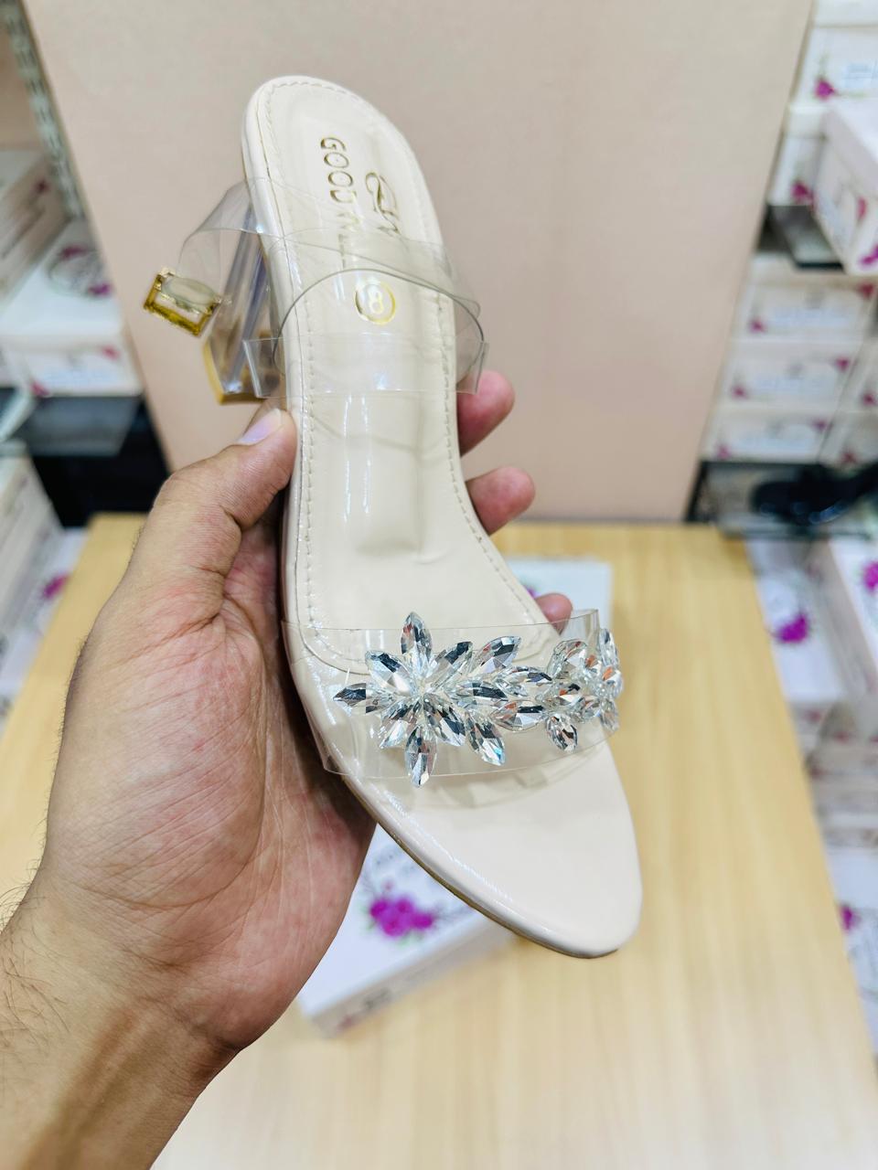 Elegant Fawn Transparent Block Heels with Silver Rhinestone Detailing – Adjustable Buckle Strap, 3″ Heel
