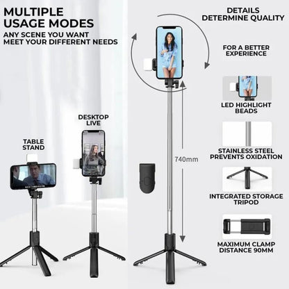 R1s 4-in-1 Bluetooth Selfie Stick Tripod with Remote & LED Fill Light – 360° Rotating Extendable Stand for All Phones