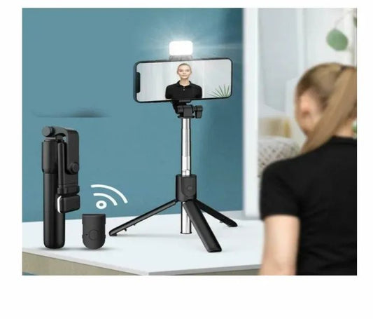 R1s 4-in-1 Bluetooth Selfie Stick Tripod with Remote & LED Fill Light – 360° Rotating Extendable Stand for All Phones